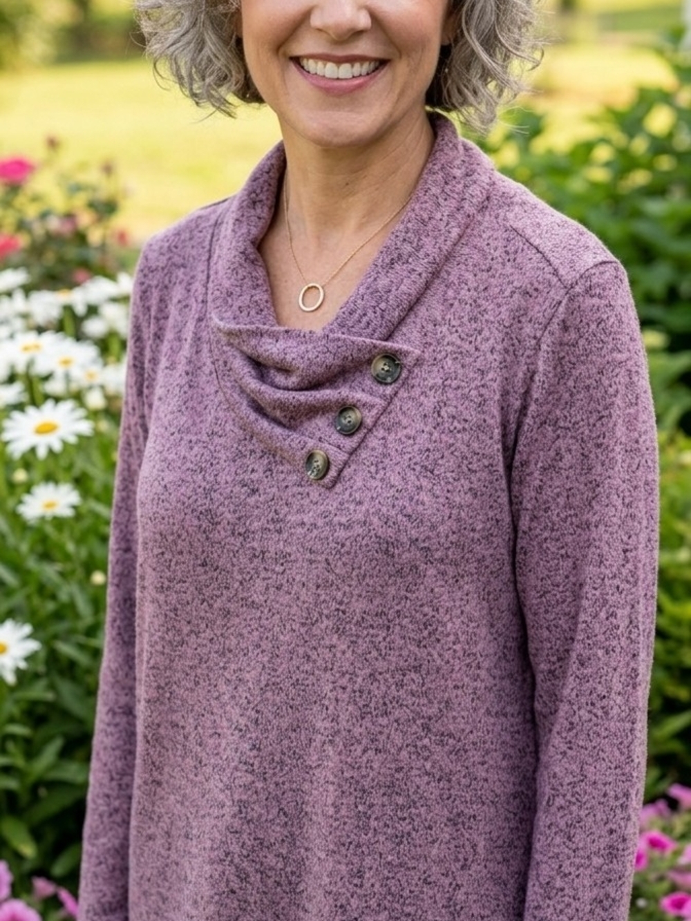 Seven Forty Two Cozy Lavender Cowl-Neck Pullover with Button Accent.   WS 83